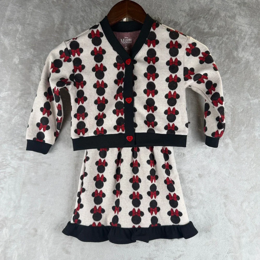 Disney Minnie Mouse Girls 4T Cardigan and Skirt Set Knit Heart Buttons Red Black
